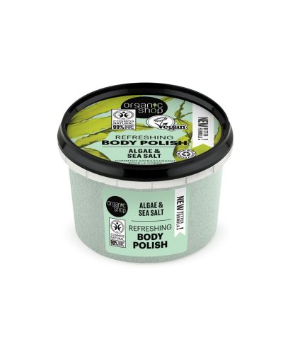 SCRUB CORPO ALGHE E SALE ORGANIC SHOP Esfoliazione naturale per una pelle morbida, liscia e luminosa Lo Scrub Corpo Alghe e Sale di Organic Shop è un trattamento esfoliante naturale formulato con alghe biologiche e sale marino naturale.