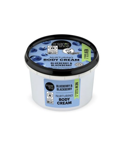 BLACKBERRY & BLUEBERRY BODY CREAM ORGANIC SHOP Idratazione naturale per una pelle tonica, morbida e vellutata La Crema Corpo More e Mirtilli di Organic Shop è formulata con estratti biologici di mora e mirtillo, noti per le loro proprietà idratanti e antiossidanti.