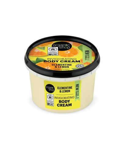 CLEMENTINE & LEMON BODY CREAM ORGANIC SHOP Crema corpo rigenerante e tonificante agli agrumi bio La Clementine & Lemon Body Cream di Organic Shop è un trattamento energizzante a base di estratti biologici di clementina e limone, formulato per donare tonicità, morbidezza e luminosità alla pelle.