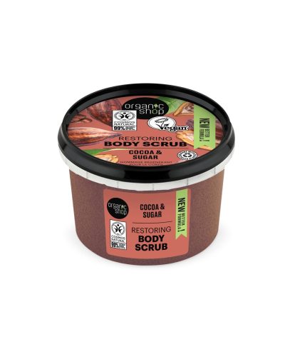 COCOA & SUGAR BODY SCRUB ORGANIC SHOP Esfoliazione dolce al profumo di cioccolato, per una pelle morbida e vellutata Lo Scrub Corpo Cocoa & Sugar di Organic Shop è un trattamento goloso e naturale, perfetto per coccolare la pelle e risvegliarne la morbidezza.