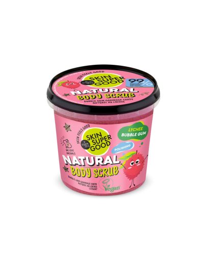 LYCHEE BUBBLE GUM BODY SCRUB  Scrub corpo naturale al litchi con aroma bubble gum Regala alla tua pelle una coccola dolce e divertente con il Body Scrub Lychee Bubble Gum. La sua formula unica leviga, tonifica e profuma la pelle con una fragranza irresistibile ispirata al chewing gum dell’infanzia. Grazie all’estratto biologico di litchi, alla menta bio e allo zucchero alla vaniglia, questo scrub esfolia delicatamente e lascia la pelle morbida, luminosa e idratata.