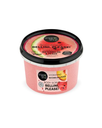 BODY SCRUB BELLINI ORGANIC SHOP Esfoliazione fruttata per una pelle morbida e luminosa Lo Scrub Corpo Bellini di Organic Shop è un trattamento esfoliante ispirato all’iconico cocktail estivo, con estratti biologici di pesca e anguria e burro di karité.