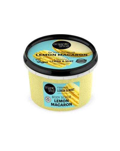 LEMON MACARON BODY SCRUB ORGANIC SHOP Esfoliazione golosa per una pelle tonica, levigata e profumata Lo Scrub Corpo Lemon Macaron di Organic Shop è un delizioso trattamento esfoliante che unisce l'efficacia dei cristalli di zucchero a una profumazione dolce e agrumata ispirata ai celebri macaron francesi al limone.
