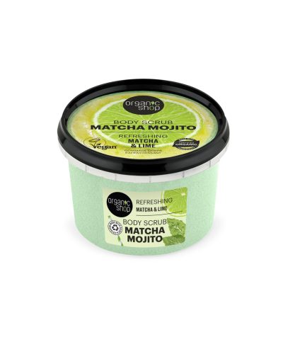MATCHA MOJITO BODY SCRUB  ORGANIC SHOP Esfoliazione energizzante per una pelle fresca, morbida e luminosa Lo Scrub Corpo Matcha Mojito di Organic Shop è un’esplosione di freschezza ispirata al celebre cocktail estivo. Arricchito con estratto biologico di tè verde Matcha, lime bio e burro di karité