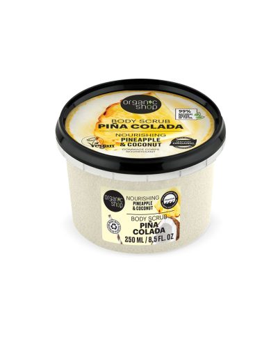 PINA COLADA BODY SCRUB ORGANIC SHOP Esfoliazione tropicale per una pelle morbida, luminosa e profumata Regalati un momento di vacanza sotto la doccia con lo Scrub Corpo Piña Colada di Organic Shop. Ispirato al celebre cocktail esotico, combina estratto biologico di ananas, olio di cocco bio e burro di karité, per una pelle vellutata, nutrita e irresistibilmente profumata.