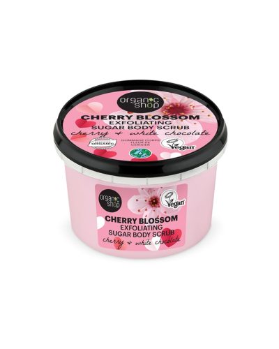 CHERRY BLOSSOM BODY SCRUB ORGANIC SHOP Esfoliazione dolce e profumata al ciliegio e cioccolato bianco, per una pelle morbida e nutrita Scopri il piacere di una pelle levigata e vellutata con lo Scrub Corpo Cherry Blossom di Organic Shop.