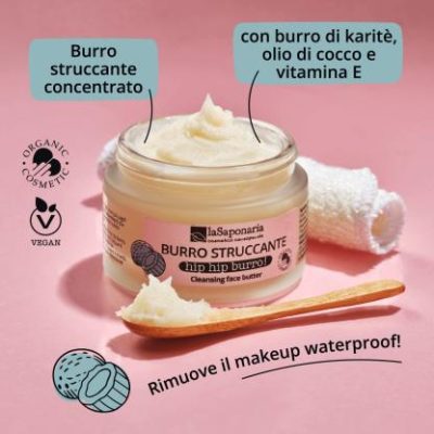 Hip Hip Burro La Saponaria: farà venire voglia di struccarsi anche agli animi più pigri: Hip Hip Burro è un burro struccante concentrato e uno struccante occhi bio. Soffice e profumato, si scioglie con il calore delle vostre dita ed è subito pronto per rimuovere anche il trucco più dark. Una coccola che idrata la vostra pelle mentre rimuove delicatamente ma efficacemente anche il make-up più folle, compreso quello waterproof. E' infatti un perfetto struccante occhi bio. Il burro di cocco e quello di karité rendono questo burro nutriente, emolliente ed elasticizzante, ideale per le pelli secche, sensibili e mature. L’olio di cocco rende la pelle morbida e levigata, proteggendola dagli agenti esterni. La Vitamina E grazie al suo potere ossidante, preserva la pelle dallo stress ossidativo dei radicali liberi.