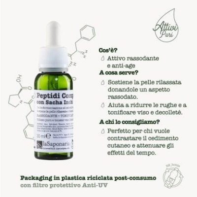 PEPTIDI + SACHA INCHI LA SAPONARIA. Attivo puro - Siero viso ad azione rassodante + tonificante + lift. Peptidi Complex con Sacha Inchi è un Attivo Puro ideale da usare come siero viso per rassodare e tonificare la pelle del viso e del décolleté. Considerati grandiosi alleati anti-age della pelle, i peptidi sono brevi sequenze di amminoacidi la cui principale caratteristica è quella di stimolare la produzione di collagene ed elastina, conferendo alla pelle tono ed elasticità.