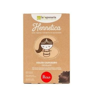 TINTA VEGETALE CASTAGNO INDRANI LA SAPONARIA Tinta vegetale e vegana per capelli color castagno. Per capelli castani. La tinta vegetale, come tutte le tinte Hennetica, non contiene picramato di sodio, ammoniaca, sali metallici e nessun additivo chimico: è realizzata esclusivamente con erbe tintorie ed hennè di origine biologica per non danneggiare i capelli e donare corpo, splendore e brillantezza a tutte le chiome.