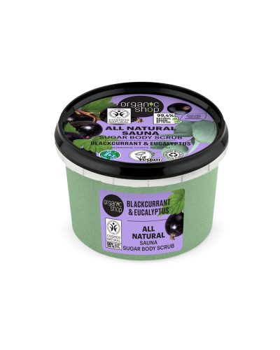 BLACKCURRANT & EUCALYPTUS SAUNA SUGAR BODY SCRUB ORGANIC SHOP Rigenerante e rilassante, per una pelle purificata e rivitalizzata Lo Scrub Corpo Zucchero, Ribes Nero ed Eucalipto di Organic Shop è un trattamento esfoliante 100% naturale pensato per purificare la pelle e rilassare i sensi.