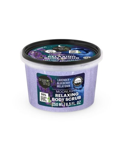 MOONLIGHT RELAXING BODY SCRUB ORGANIC SHOP Scrub corpo rilassante con Lavanda, Mirtillo e Melatonina Concediti un rituale serale di benessere con Moonlight Relaxing Body Scrub, il trattamento ideale per rilassare corpo e mente.