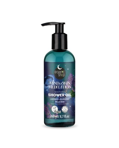SLEEPING SOOTHING SHOWER OIL MIND&SKIN MEDITATIONORGANIC SHOP Olio doccia rilassante con Lavanda, Mirtillo e Melatonina Trasforma la tua doccia serale in un rituale rigenerante con Soothing Shower Oil Mind&Skin Meditation, un trattamento setoso che si fonde con l’acqua per diventare una delicata emulsione lattea.