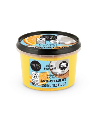 SCRUB CORPO ANTICELLULITE COCCO E ARANCIA ORGANIC SHOP Leviga, tonifica e migliora l’elasticità cutanea Questo scrub corpo al sale marino con olio biologico di cocco e olio essenziale di arancia bio è il trattamento ideale per contrastare gli inestetismi della cellulite e migliorare la grana della pelle.
