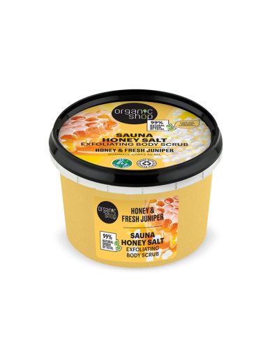 SCRUB CORPO MIELE E GINEPRO ORGANIC SHOP Esfoliazione intensa, pelle rivitalizzata e luminosa Regalati un rituale di bellezza ispirato alla sauna nordica con questo scrub corpo al miele e ginepro biologici. La sua formula a base di sale marino, zucchero e burro di karité esfolia efficacemente, eliminando le cellule morte e favorendo il rinnovamento cutaneo.