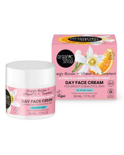 ORANGE BLOSSOM DAY FACE CREAM FOR BRIGHT & BEAUTIFUL SKIN ORGANIC SHOP Una crema viso illuminante e idratante, perfetta per iniziare la giornata con una pelle radiosa e protetta. La sua formula leggera ma ricca è arricchita da ingredienti attivi come Acqua di Fiori d’Arancio Amaro, Vitamina C e Vitamina E