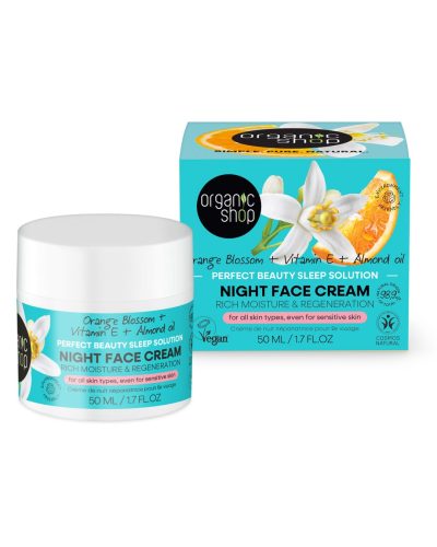 ORANGE BLOSSOM NIGHT FACE CREAM RICH MOISTURE & REGENERATION ORGANIC SHOP Crema viso notte naturale formulata per idratare in profondità, rigenerare la pelle e ripristinarne l’elasticità mentre dormi. Grazie alla presenza di ingredienti di origine vegetale, come: Olio di Mandorle Dolci biologico, nutriente e lenitivo Acqua di Fiori d’Arancio Amaro biologica, tonificante e illuminante Vitamina E, potente antiossidante che protegge la pelle dai radicali liberi Questa crema notte per il viso lascia la pelle più liscia, compatta e visibilmente luminosa già al risveglio.