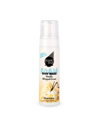 FOAM BODY WASH VANILLA WHIPPED CREAM ORGANIC SHOP Mousse detergente delicata al profumo di Panna Montata alla Vaniglia Lasciati avvolgere dalla dolcezza della vaniglia con questa mousse corpo soffice e cremosa. La sua schiuma leggera deterge delicatamente e trasforma la doccia in un momento di puro piacere sensoriale.