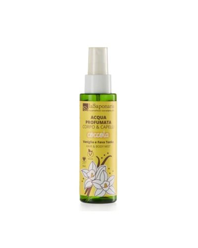 Coccola La Saponaria è l'acqua profumata corpo e capelli alla Vaniglia e Fava Tonka. Senza alcool, idratante e perfetta per un rituale di benessere e layering.